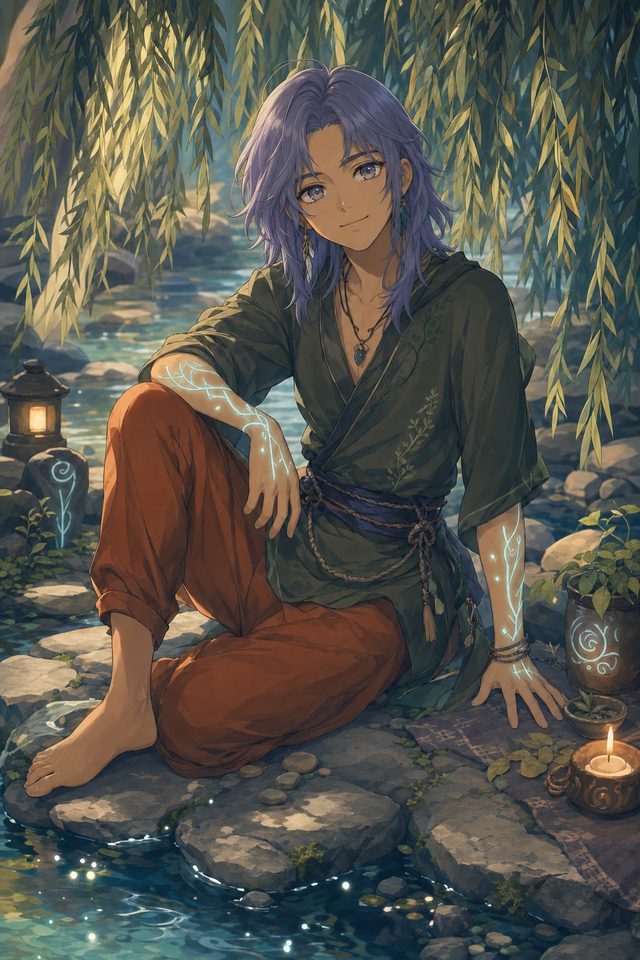 A painted portrait of Sylunara, lavender-haired with softly glowing markings on her arms, sitting barefoot on wet stones by a stream under a willow, a lantern and a candle beside her